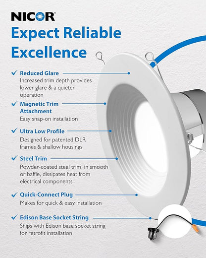 Recessed Ceiling Lights LED Downlight - 5/6 inch LED Recessed Light Fixtures - Selectable CCT 2700K-5000K, 918 Lumens, 10.3W - DLR56 Retrofit Ceiling Light, White Baffle, 1-Pk by NICOR Lighting