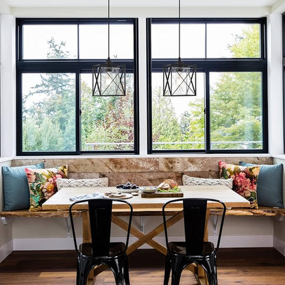 Farmhouse Black Pendant Light with Seeded Glass Industrial Cage Blown Clear Bubble Glass Hanging Lighting Adjustable Cord for Kitchen Island Over Sink Hallway