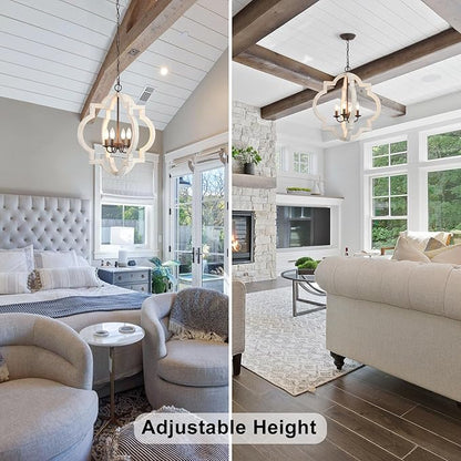 22" Oak Distressed White Chandeliers for Dining Room Farmhouse Wood Pendant Lights Kitchen Island 4-Light Orb Lantern Cage Ceiling Hanging Light Over Table for Entryway Foyer Living Room Bedroom