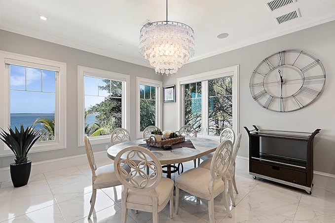TOCHIC Modern Capiz Shell Crystal Chandelier 6-Light Chrome Coastal Chandelier for Living Dining Room Bedroom Nuture Seashell Boho Semi Flush Mount Ceiling Light Fixture for Kitchen Island Foyer