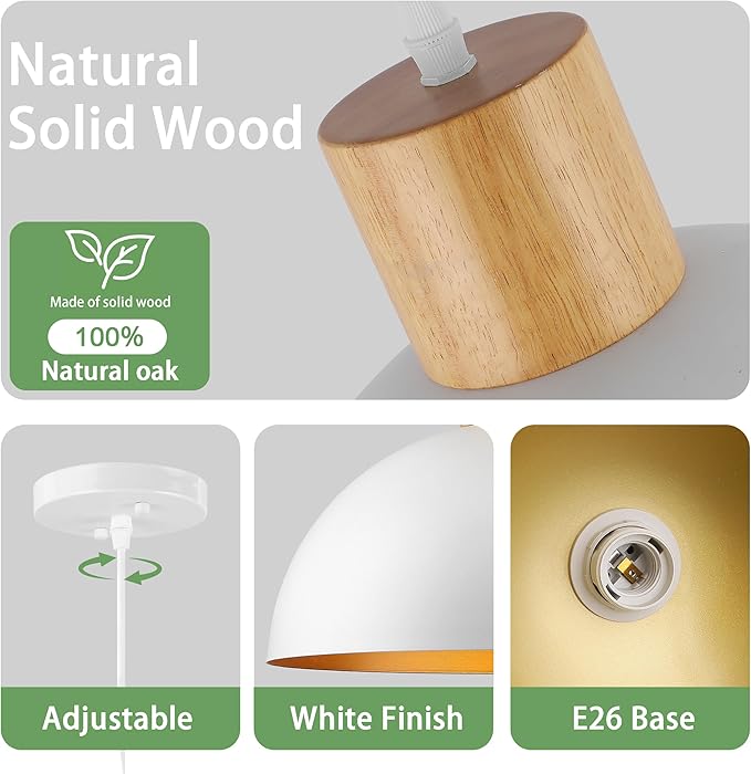 White Pendant Light, 16" Wood Dome Pendant Lights Fixtures Adjustable Large Modern Hanging Lighting, for Kitchen Island Dining Room Farmhouse Bar Restaurant