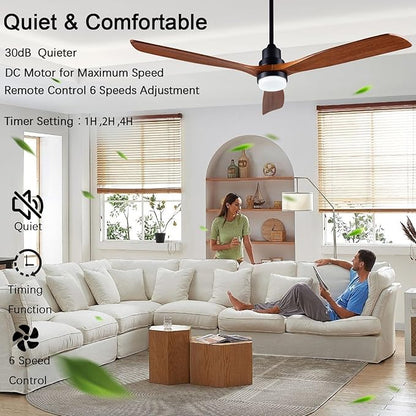 60” Ceiling Fans [with Lighting Remote], Indoor Outdoor Mute, Modern Wooden Ceiling Fan [with 3 Solid Wood Blades] for Patio, Living Room, Bedroom, Hallway.