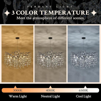 Benkut Black Tree Branch Crystal Chandelier 31.5" Modern Crystal Raindrop Chandeliers 10-Light Luxury Brach Chandelier for Dining Room Kitchen Bedroom Living Room