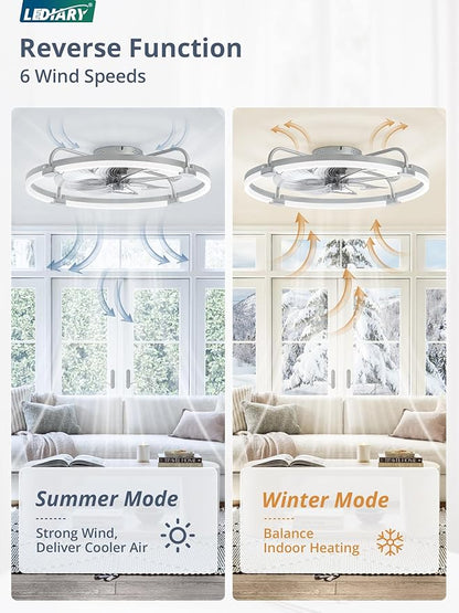 LEDIARY 2 Pack Ceiling Fans with Lights and Remote, 24'' Low Profile Ceiling Fan with Light, 3000-6000K Dimmable Fandelier LED Fan Light, 6 Wind Speeds, Grey Flush Mount Ceiling Fan for Bedroom