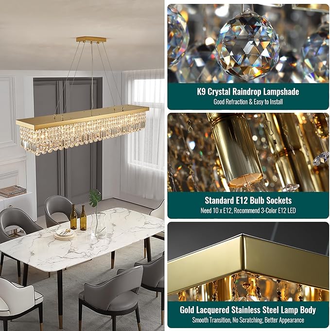Siljoy Rectangular Gold Crystal Chandelier for Dining Room, 10-Light Modern Rectangle K9 Crystal Raindrop Chandelier, Luxury Dimmable Crystal Ceiling Light for Living Room Kitchen Island L47''