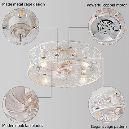 Garwarm 20" Caged Ceiling Fan With Light, Flush Mount Bladeless Fandelier With Remote, Small Low Profile for Bedroom, Kitchen, Dining Room, White Gold