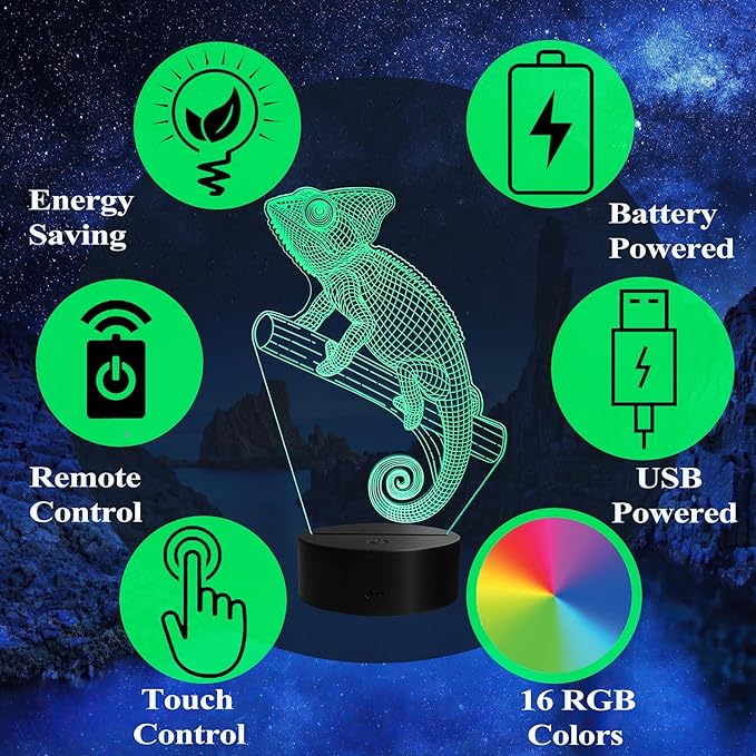 Chameleon Night Light, Lizard Gifts, 3D Illusion Lamp with Remote Control, 16 RGB Colors, 4 Flashing Modes, Timer, Dimmable, Chameleon Toy Accessories for Holiday Birthday Christmas