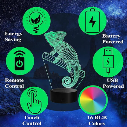 Chameleon Night Light, Lizard Gifts, 3D Illusion Lamp with Remote Control, 16 RGB Colors, 4 Flashing Modes, Timer, Dimmable, Chameleon Toy Accessories for Holiday Birthday Christmas
