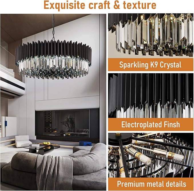 12-Light Large Crystal Chandeliers 30" Dining Room Light Fixture 6 Tiers Flush Mount Smoke Gray and Black Crystal Chandelier Round Pendant Light for Kitchen Living Room Entryway Foyer
