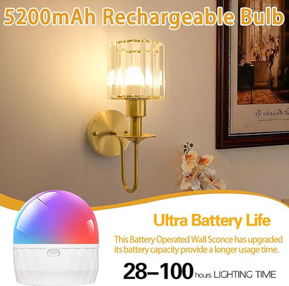 Wireless Wall Sconces Set of two,Battery Operated Wall Sconces with 5200 mAh Bulb and Remote,LED 15 Colors Rechargeable Gold Wall Sconce with Crystal for Bedroom Living Room Hallway Wall Decor