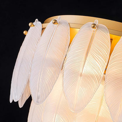 LumFurn D16 inch Modern Glass Chandeliers, 7-Light Elegant Flushmount Ceiling Light Fixture for Dining Room, Living Room & Bedroom, D16 x H14inch, Frosted Feather Glass Shade & Gold Finish Frame