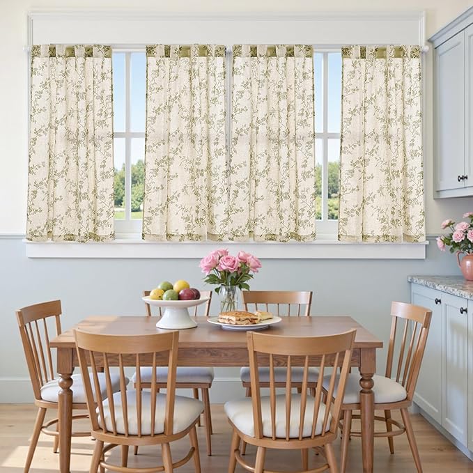 jinchan Floral Kitchen Curtains 45 Inch Linen Tier Curtains Farmhouse Cafe Half Window Drapes for Small Windows Light Filtering Sage Green on Beige for Living Room Bathroom Back Tab 2 Panels