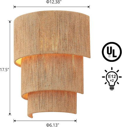 Set of 2 Hand Woven Rattan Wall Sconces 3 Round Transitional Minimalist Boho Wall Lights Coastal Wall Lamp for Bedside Hallway Vanity Stairway Fireplace Living Room, UL Listed