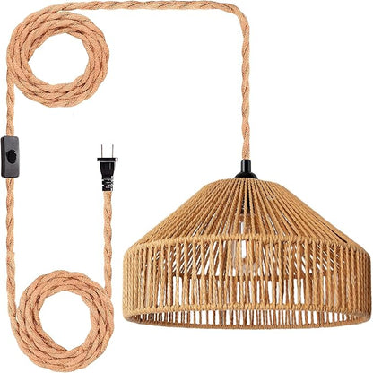 Maliralt Hanging Lamps Rattan Pendant Light Hanging Lights 16.4ft Plug in Cord Pendant Light Fixture Plug Into Wall Outlet Pendant Lighting with On Off Switch for Bedroom Living (Mongolian Yurt)