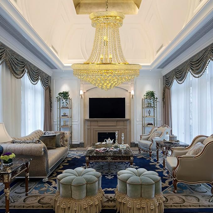 Luxury Gold Crystal Chandelier 20-Light, Empire Crystal Chandelier Light Fixture Ceiling Haning Chandelier Crystal Pendant Light for Living Room Dinning Room Stair (32in-20 Lights, Gold)
