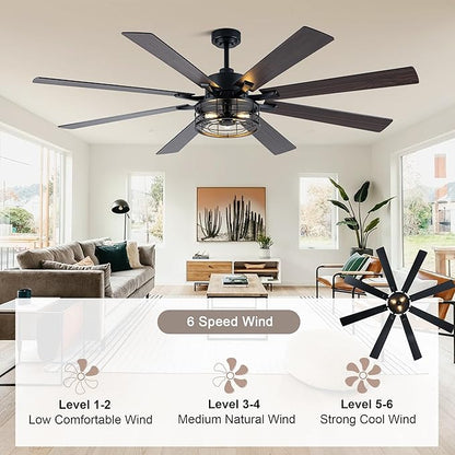 72 Inch Farmhouse Ceiling Fan with Lights and Remote Large Rustic Ceiling Fan Industrial Black Caged Fandelier Chandelier Light, Reversible Quiet DC Motor 6 Speeds for Indoor Outdoor