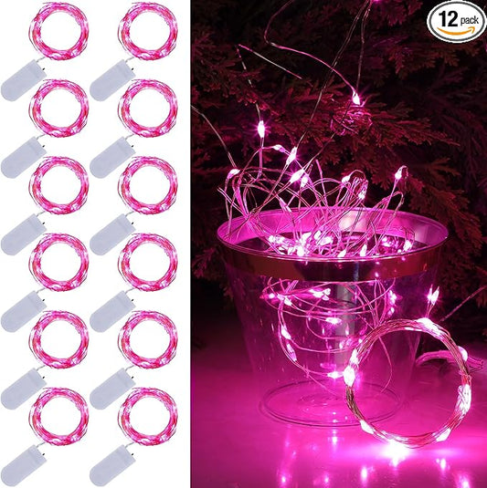 WATERGLIDE 12 Pack Valentine's Fairy Lights Battery Operated (Included), 7 ft 20 LED Mini String Lights, Waterproof Silver Wire Firefly Starry Light for DIY Wedding Party Mason Jars Decor, Pink