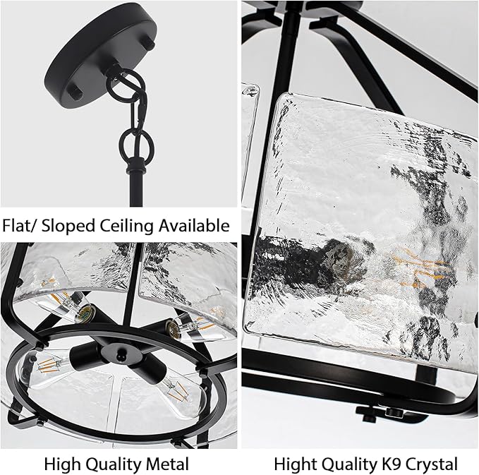 Luupyia 17.7 Inches Glass Drum Chandelier Black, 4Lights Modern Glass Chandelier, Height Adjustable Drum Chandeliers Crystal Pendant Light Dining Room Kitchen Entryway Chandeliers for Foyer