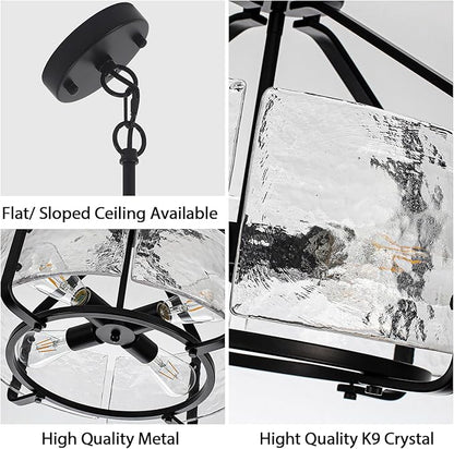 Luupyia 17.7 Inches Glass Drum Chandelier Black, 4Lights Modern Glass Chandelier, Height Adjustable Drum Chandeliers Crystal Pendant Light Dining Room Kitchen Entryway Chandeliers for Foyer