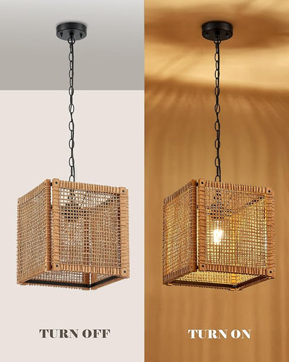ELYONA 1-Light Rattan Pendant Light, 12" Square Solid Wood Frame Woven Pendant Light Fixtures Boho Adjustable Hanging Chandelier for Dining Room, Kitchen Island, Living Room, Bedroom, Bar, Hallway