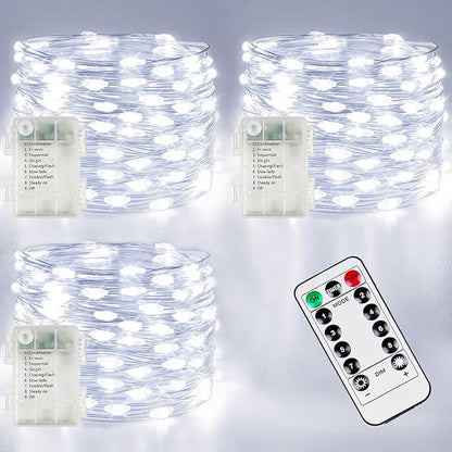 3 Pack Fairy Lights Battery Operated with Remote, 120LED 40FT Twinkle Lights Waterproof for Outdoor & Indoor, 8 Modes Battery String Light Timer for Christmas Party Birthday Home DIY Décor(Cool White)