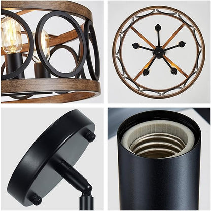 XINGQI Dining Room Chandelier 5-Light Black Modern Chandelier 21.7'' Farmhouse Drum Pendant Light Fixture for Living Room Kitchen Island Bedroom Office with Wood Grain Finish