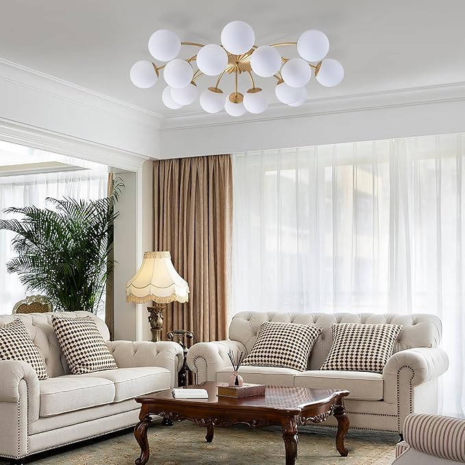 Longree 16-Light Mid Century Modern Sputnik Chandelier Brushed Gold Flush Mount Ceiling Lights with Blossom Accent Milk Glass Globe Bubble Light Fixture for Dining Living Bedroom