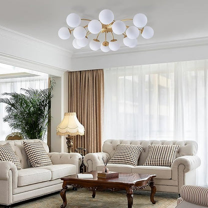 Longree 16-Light Mid Century Modern Sputnik Chandelier Brushed Gold Flush Mount Ceiling Lights with Blossom Accent Milk Glass Globe Bubble Light Fixture for Dining Living Bedroom