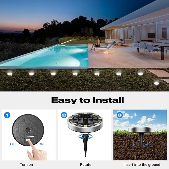 Peasur Solar Lights Outdoor Waterproof, 8 Pack Solar Powered Ground Lights Outdoor, IP68 Waterproof, Anti-Rust, Solar Garden Lights Landscape Lighting for Pathway Yard Lawn Walkway Driveway,Cool White