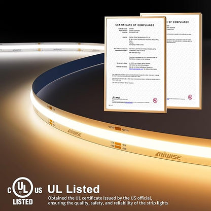 MIWISE COB LED Strip Light White LED Tape Lights 2700K-6500K 24V Color Changing Dimmable 32.8ft UL-Listed Super Bright with Remote & APP Control for Under Cabinets,Bedroom,Kitchen,Mirror,DIY Lighting
