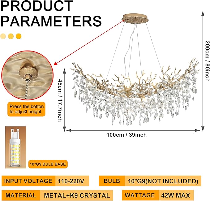 Modern Crystal Tree Branches Chandelier, 40in Gold 10 Lights Large Ceiling Hanging Light for Dining Room, Arc Raindrop Pendant Light Fixture