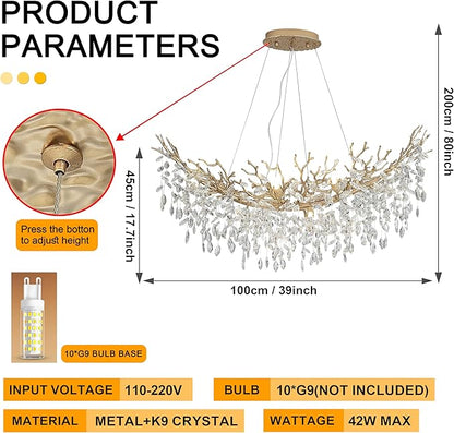 Modern Crystal Tree Branches Chandelier, 40in Gold 10 Lights Large Ceiling Hanging Light for Dining Room, Arc Raindrop Pendant Light Fixture