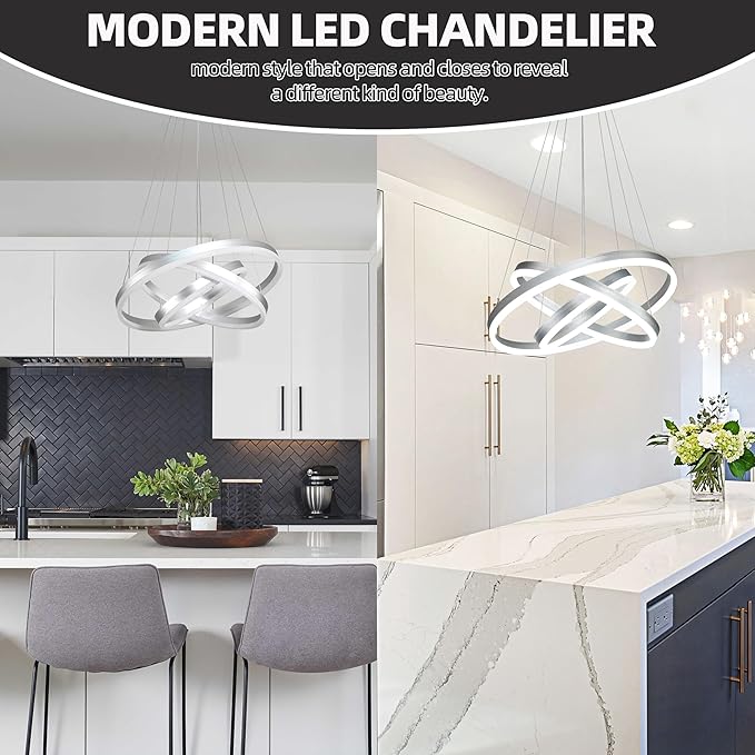 Modern Sliver Led Chandelier 3 Rings Pendant Lights Dimmable Chandeliers Color Temperature Height Adjustable Sliver Chandelier Led Pendant Light for Dining Room Bedroom Entryway Living Room