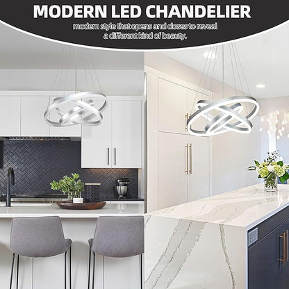 Modern Sliver Led Chandelier 3 Rings Pendant Lights Dimmable Chandeliers Color Temperature Height Adjustable Sliver Chandelier Led Pendant Light for Dining Room Bedroom Entryway Living Room