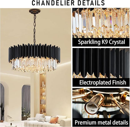 Black Crystal Chandelier 23.62'' K9 Crystal Round Pendant Lights Adjustable 5-Tier Large Modern Crystal Chandelier for Dining Room Living Room Kitchen Island Bedroom Foyer Entryway