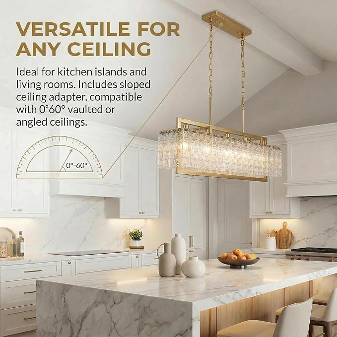 35.4" Gold Crystal Modern Chandelier for Dining Room, Chandeliers with Water Ripple Glass, Adjustable Chain Length,Luxury Rectangular Pendant Light Fixture for Kitchen Island Living Room