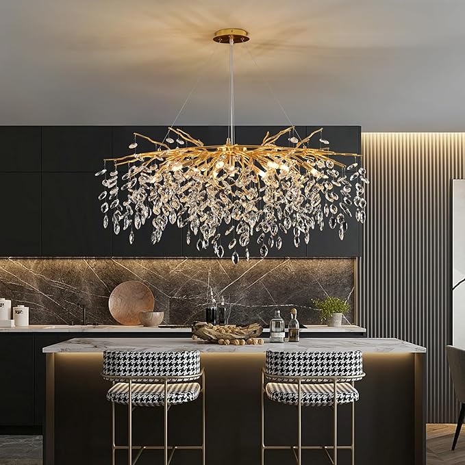 Modern Crystal Tree Branch Chandelier Gold L40'', Large Art Deco Linear Rectangle Raindrop Indoor Hanging Lighting Fixture for Dining Room Kitchen Island Living Room 12 Lights