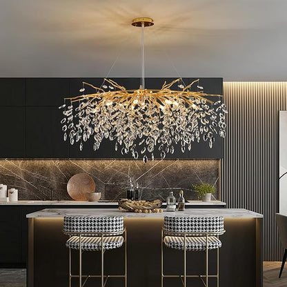 Modern Crystal Tree Branch Chandelier Gold L40'', Large Art Deco Linear Rectangle Raindrop Indoor Hanging Lighting Fixture for Dining Room Kitchen Island Living Room 12 Lights