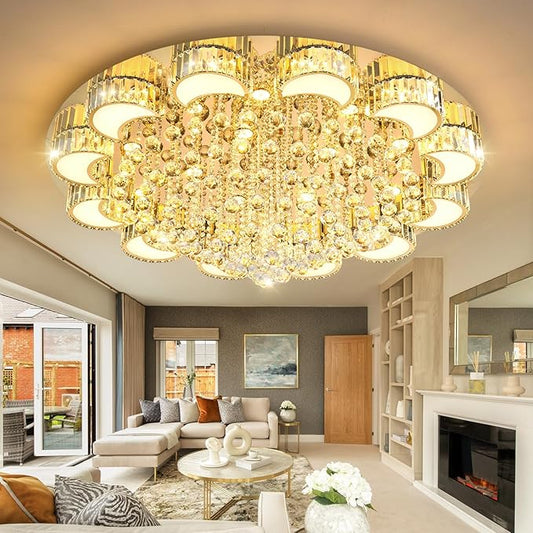 47" Gold Modern Crystal Chandeliers for Dining Room LED Dimmable Light Fixtures Flush Mount Light Living Room Bedrooms