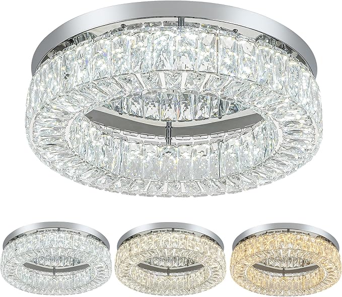 HOPGGIE 18" Dimmable Chandelier with Remote Control LED Ceiling Light Flush Mount Ceiling Light Fixtures Large Crystal Chandeliers Light for Living Room Bedroom Dining Room (dimmable)