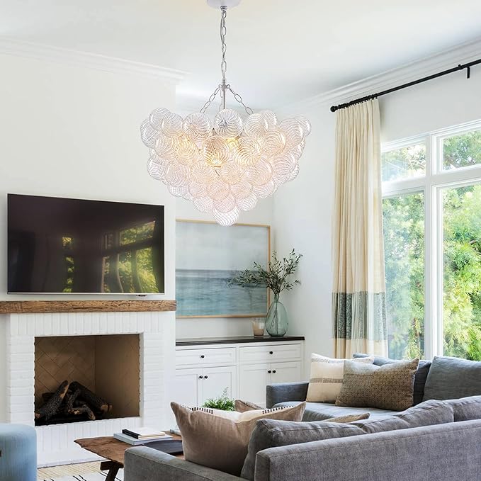 Hand Blown Glass Bubble Ball Chandelier White Finish 24" Pendant Light Fixture Art Deco Cluster Swirled Ribbed Glass Globe Lighting for Bedroom Dining Room Bedroom Bathroom Entry