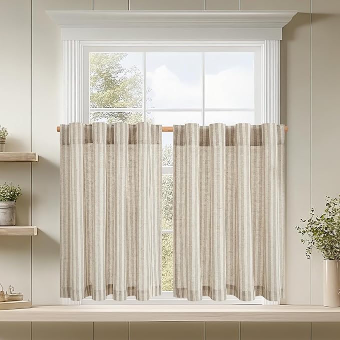 jinchan Striped Linen Kitchen Curtains 24 Inches Tier Curtains Farmhouse Modern Cafe Style Small Window Treatments Airy Light Filtering Rod Pocket for Living Room Bathroom 2 Panels Taupe Grey
