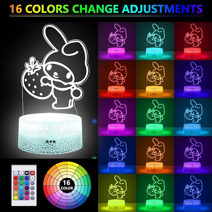 3D Illusion Night Light for Kids - Cute Lamp Led Night Light Anime Charater 16 Colours Change with Remote Control Kitty Lamp Room Decor Birthdays Holidays Gifts for Kids and Girls