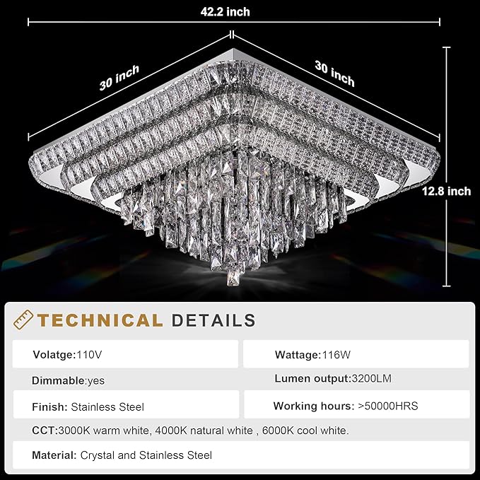 Miuyhji Elegant LED Crystal Raindrop Ceiling Light, 30 Inch Square Flush Mount Chandelier with Remote for Living Room Kitchen Island Bedroom Hallway Entryway Foyer (Dimmable)