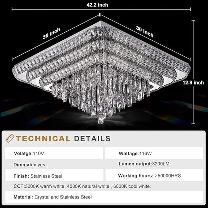 Miuyhji Elegant LED Crystal Raindrop Ceiling Light, 30 Inch Square Flush Mount Chandelier with Remote for Living Room Kitchen Island Bedroom Hallway Entryway Foyer (Dimmable)