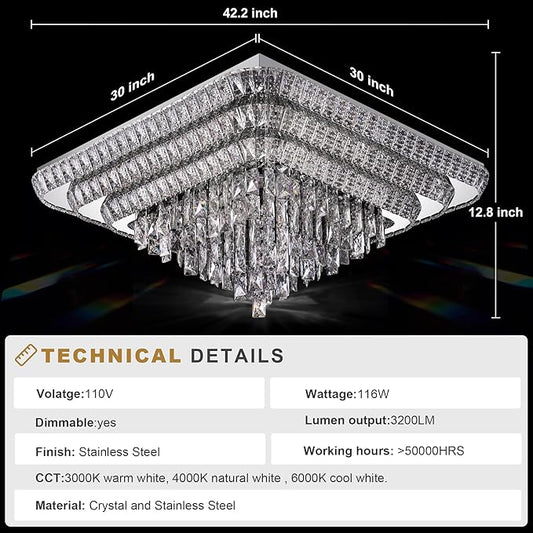 Miuyhji Elegant LED Crystal Raindrop Ceiling Light, 30 Inch Square Flush Mount Chandelier with Remote for Living Room Kitchen Island Bedroom Hallway Entryway Foyer (Dimmable)