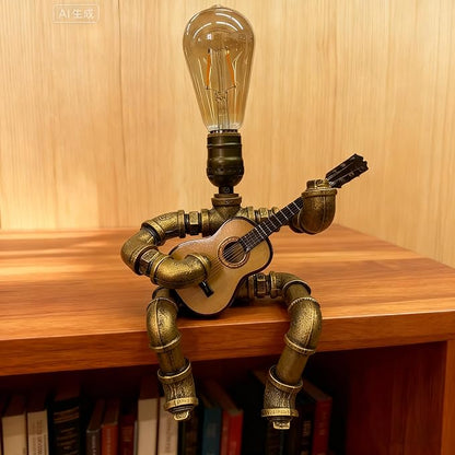 Pipe-Man Guitar-Playing Steampunk Lamp with Edison Bulb, Vintage Industrial Decor Table/Desk Lamp, Unique Handmade Gift for Music Lovers (American Style)