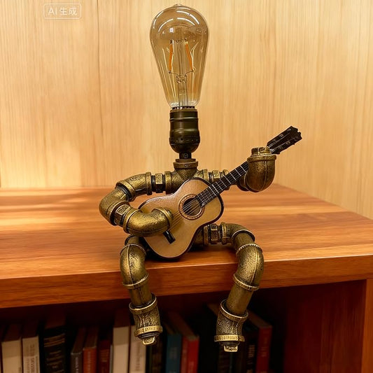 Pipe-Man Guitar-Playing Steampunk Lamp with Edison Bulb, Vintage Industrial Decor Table/Desk Lamp, Unique Handmade Gift for Music Lovers (American Style)