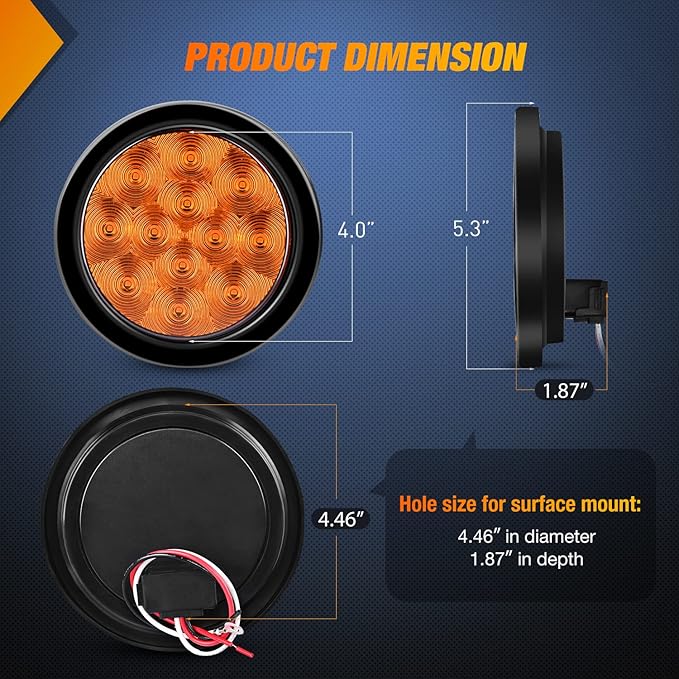 Nilight 2PCS 4 Inch 12LED Round Amber Turn Signal Tail Light w/Surface Mount Grommet Plugs IP67 Trailer Lights for RV Truck Trailers