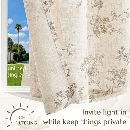 jinchan Floral Kitchen Curtains 24 Inch Linen Tier Curtains Farmhouse Cafe Half Window Drapes Over Sink Light Filtering Taupe on Beige for Living Room Laundry Tie Top 2 Panels